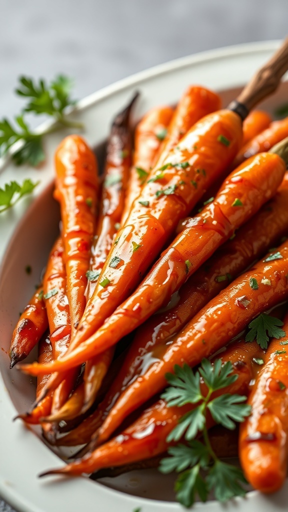 A plate of honey-glazed carrots garnished with parsley.