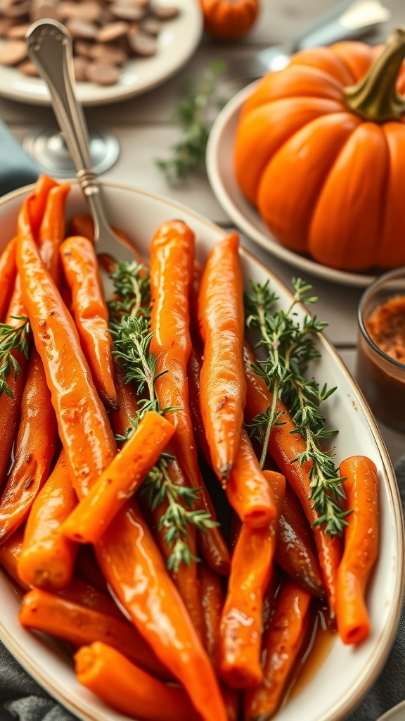 A dish of honey-glazed carrots garnished with thyme, surrounded by a pumpkin and other Thanksgiving treats.