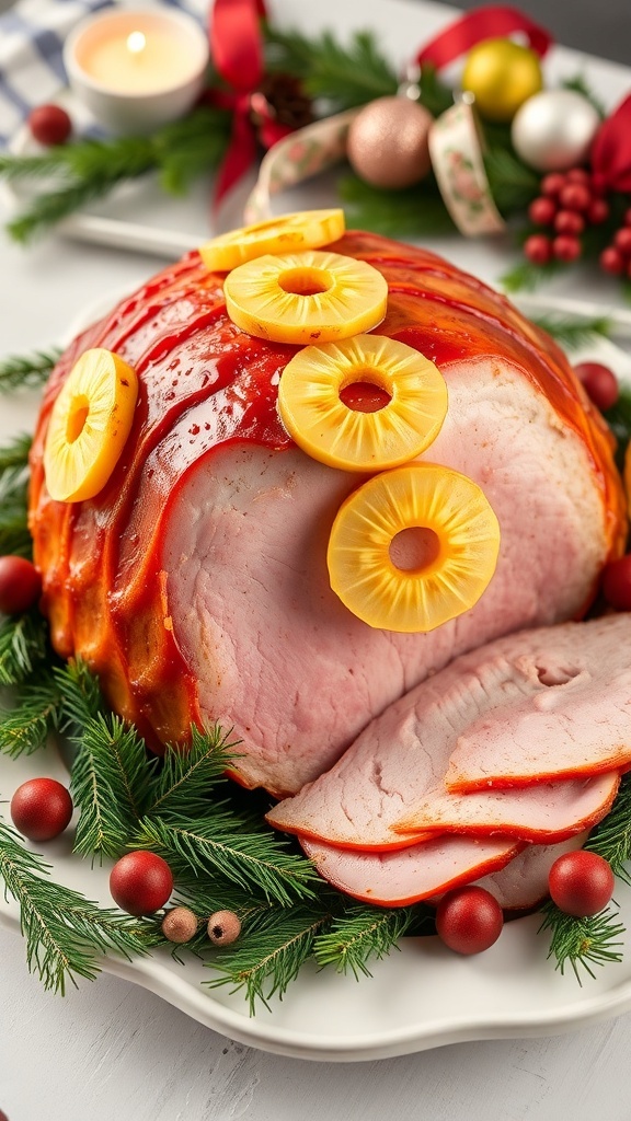 A beautifully glazed honey ham with pineapple rings, garnished with festive decorations.