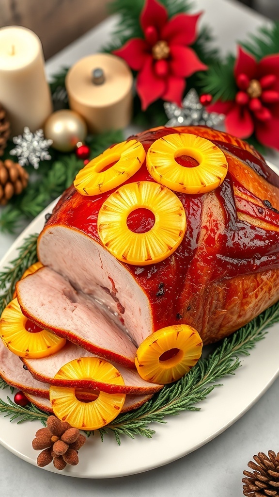 Honey-glazed ham with pineapple slices, beautifully arranged for Christmas dinner.