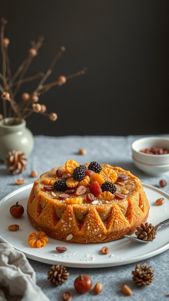 A beautifully decorated Honey Almond Cake with dried fruits and nuts on a white plate.