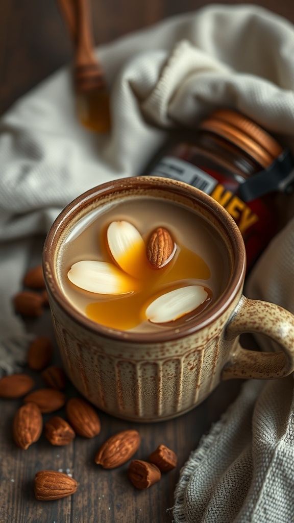 A cozy mug of honey almond coffee topped with almond slices and honey, surrounded by whole almonds.