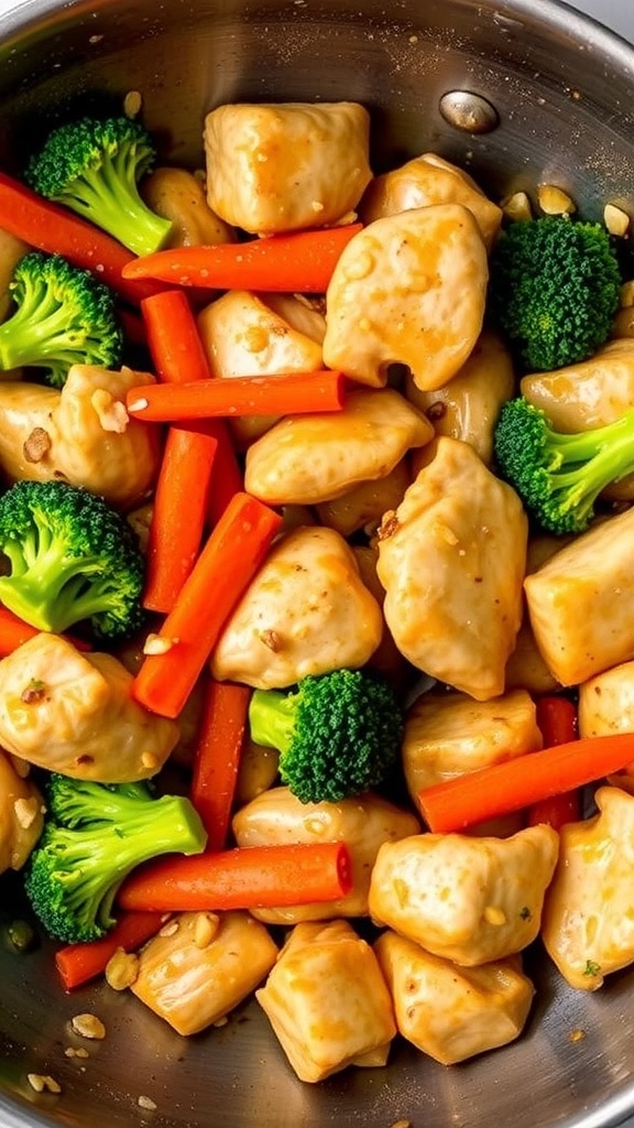 A colorful Honey Garlic Chicken Stir-Fry with chicken, broccoli, and carrots in a pan.