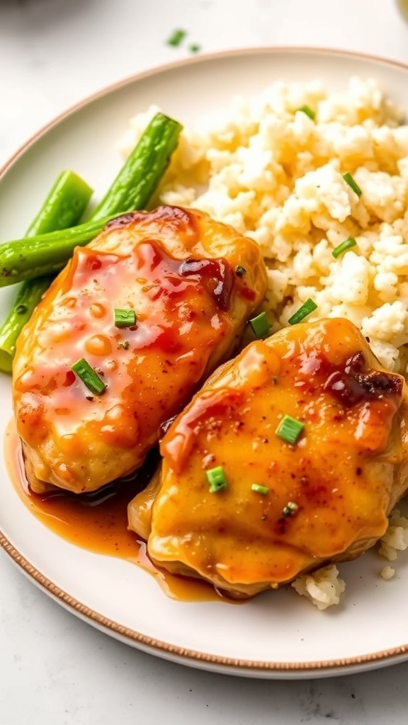 Honey Garlic Chicken Thighs served with rice and green vegetables