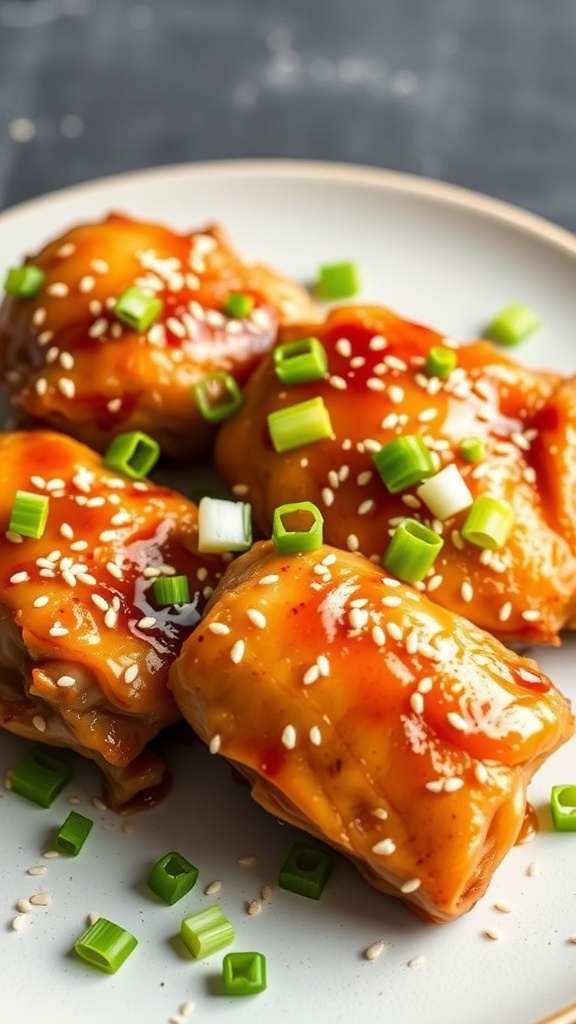 Honey garlic chicken thighs garnished with sesame seeds and green onions