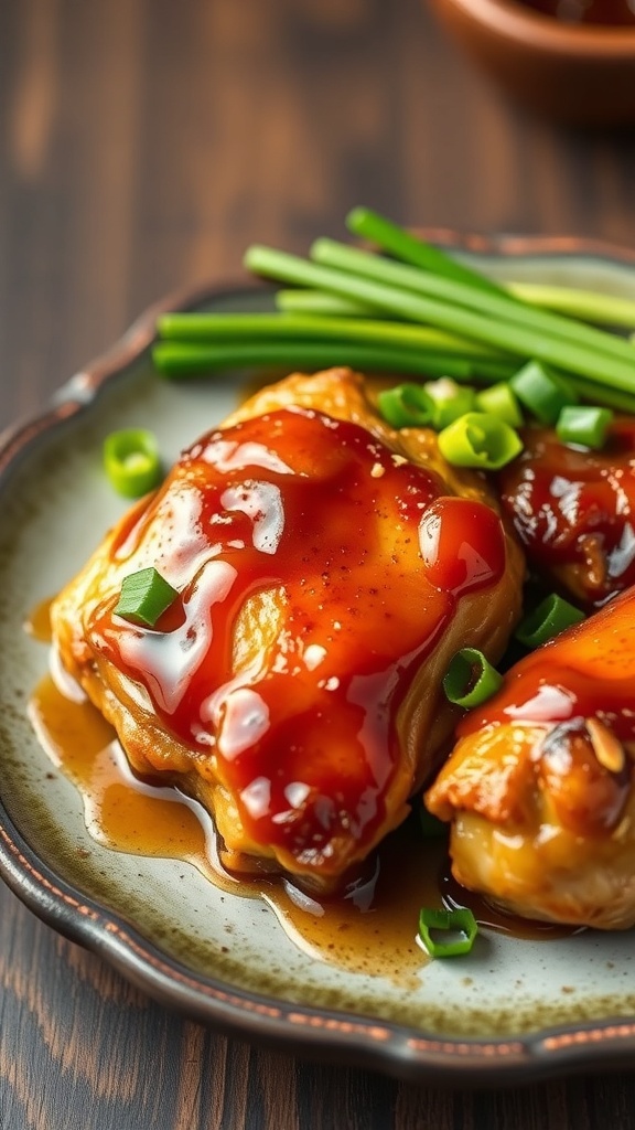 Delicious honey garlic chicken thighs garnished with green onions on a plate.