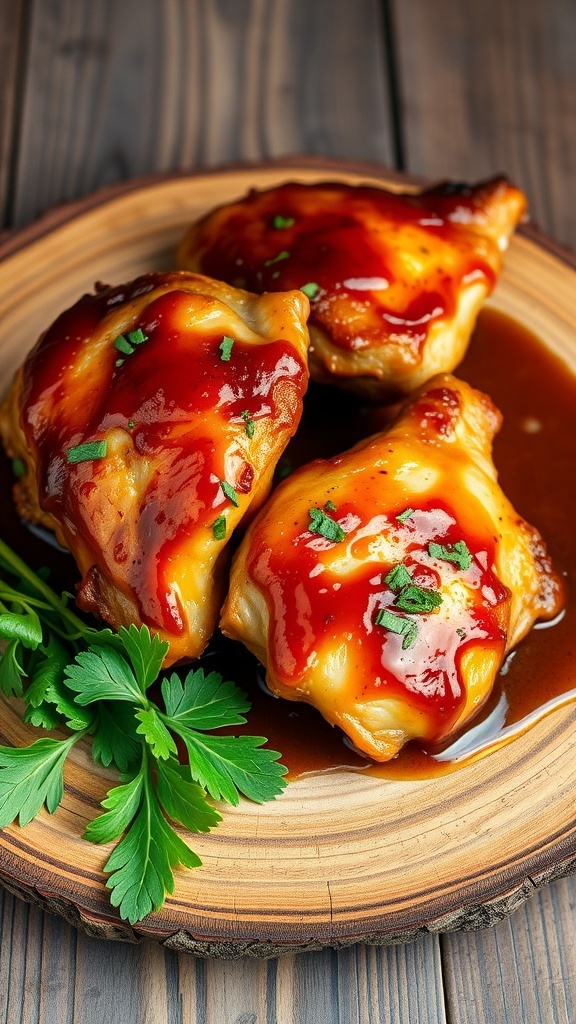 Honey garlic chicken thighs with a glossy glaze on a wooden plate