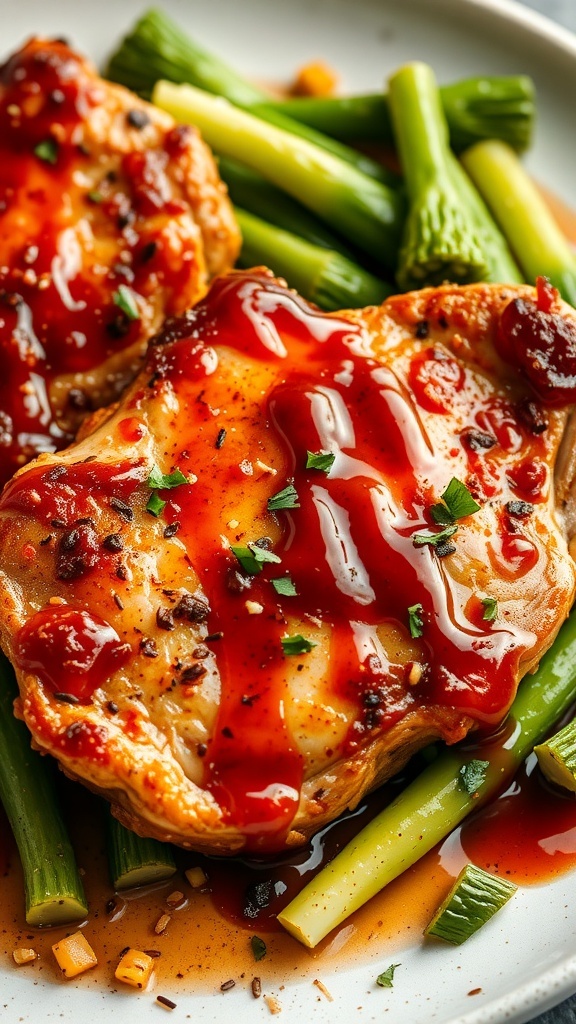 Honey garlic glazed pork chops with green vegetables