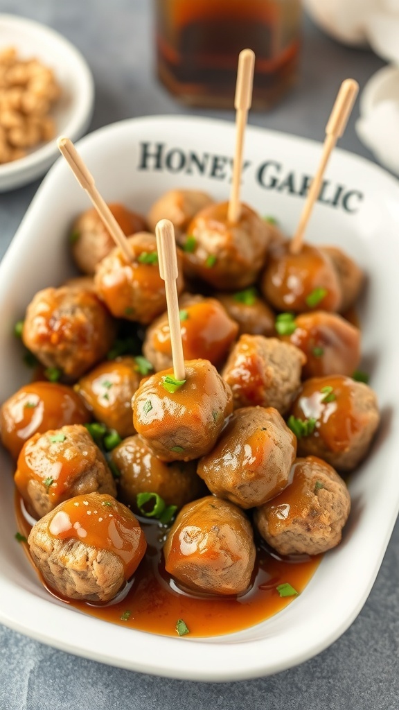 A dish of honey garlic meatballs with toothpicks, garnished with green onions.