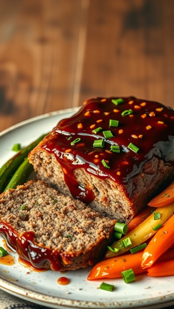 Honey Garlic Meatloaf with sliced pieces on a plate, garnished with green onions and served with roasted carrots and green beans.