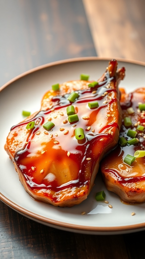 Honey garlic pork chops with a glossy sauce and green onion garnish