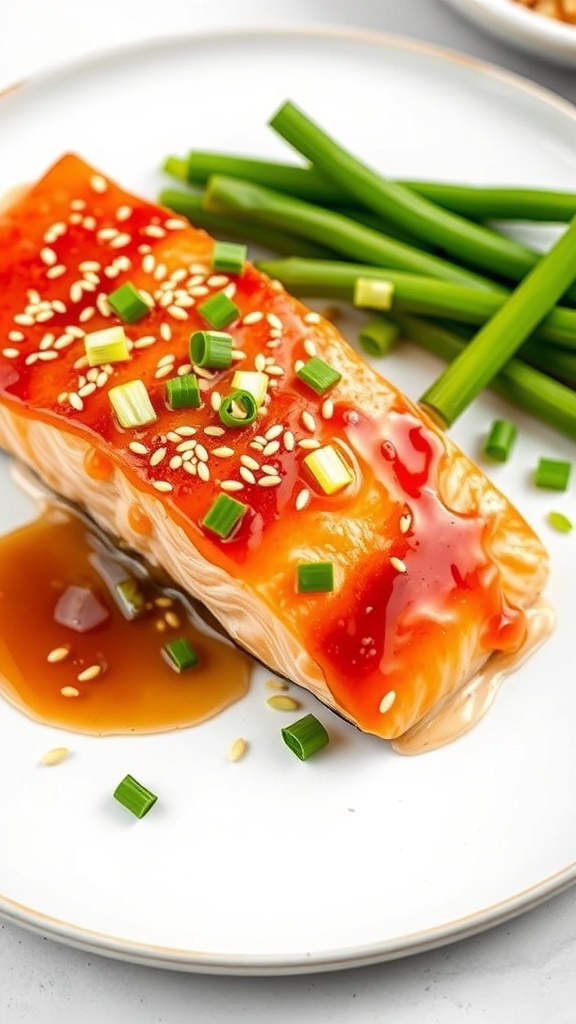 A plate of honey garlic salmon with green onions and sesame seeds, served with green beans.