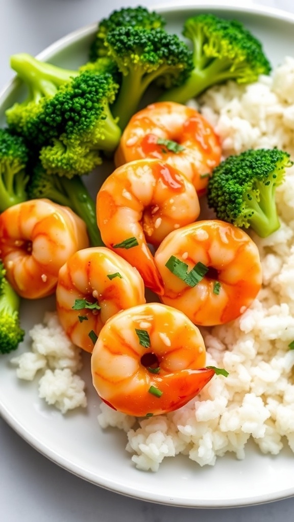 A plate of honey garlic shrimp served with rice and broccoli.