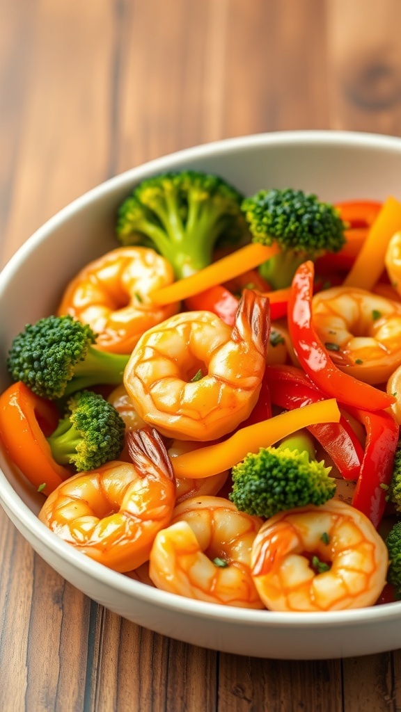 A bowl of honey garlic shrimp stir-fry with colorful vegetables.