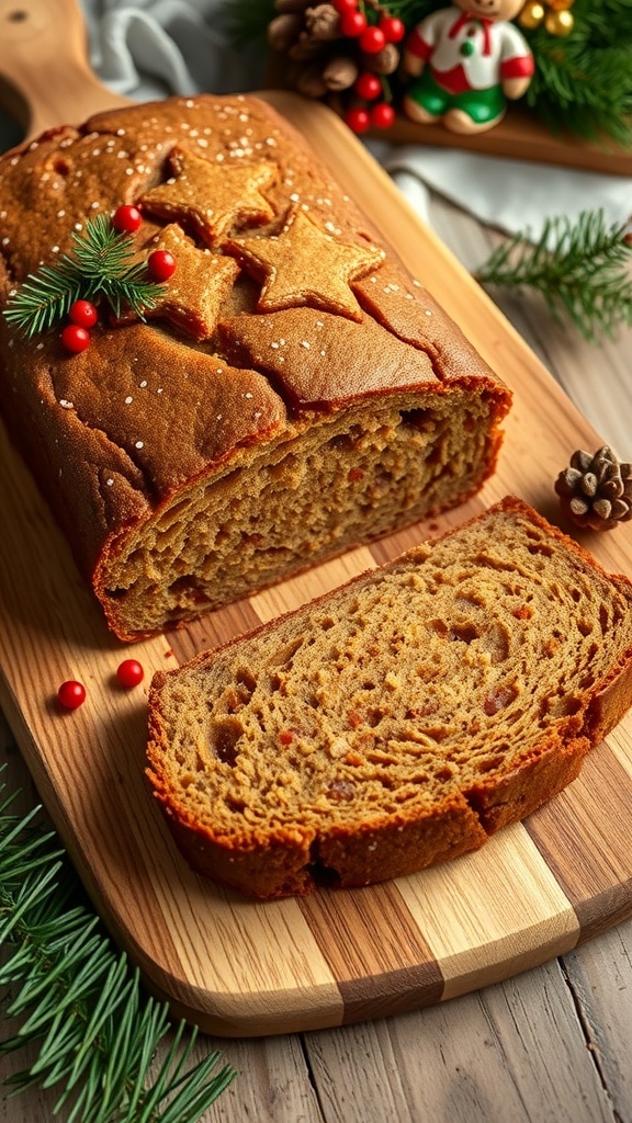 A freshly baked Honey Gingerbread Loaf with star shapes on top, placed on a wooden cutting board surrounded by festive decorations.