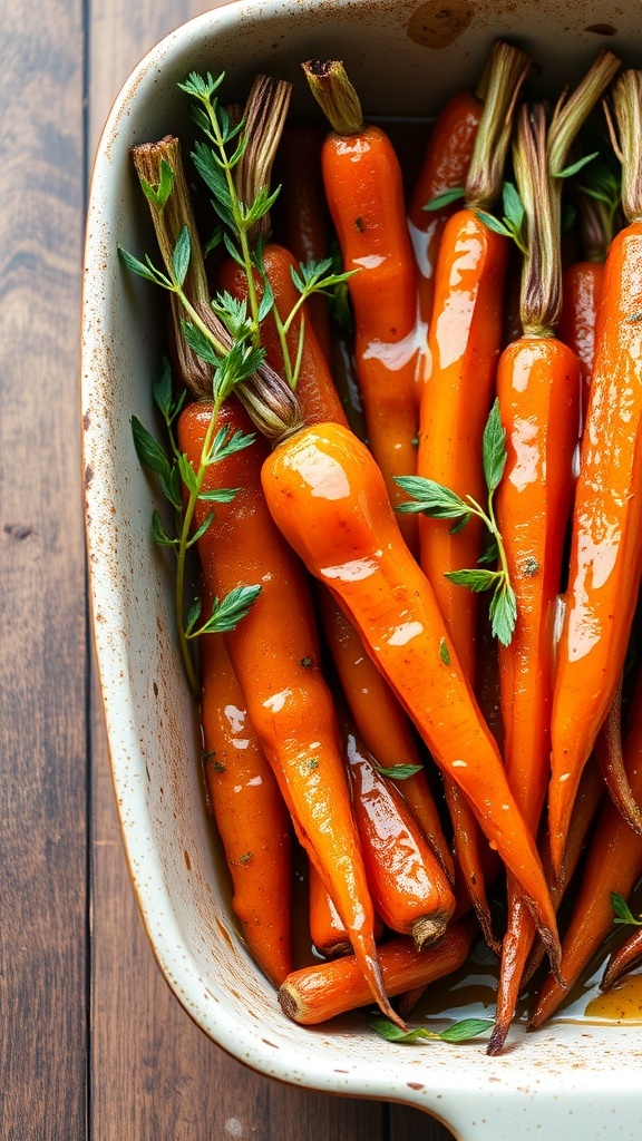 A dish of honey glazed carrots, shiny and vibrant, garnished with fresh herbs.