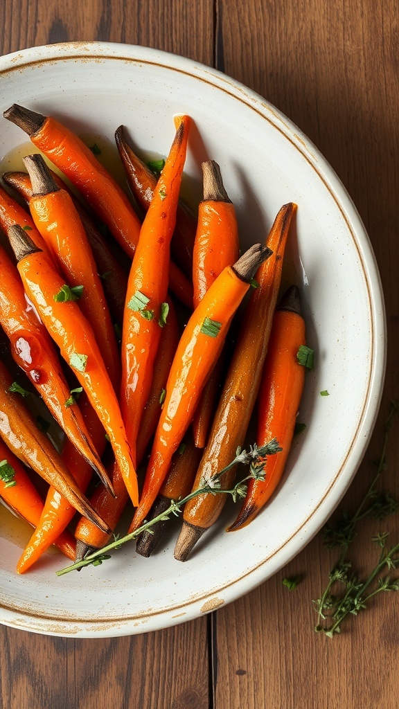 A bowl of honey glazed carrots garnished with herbs.