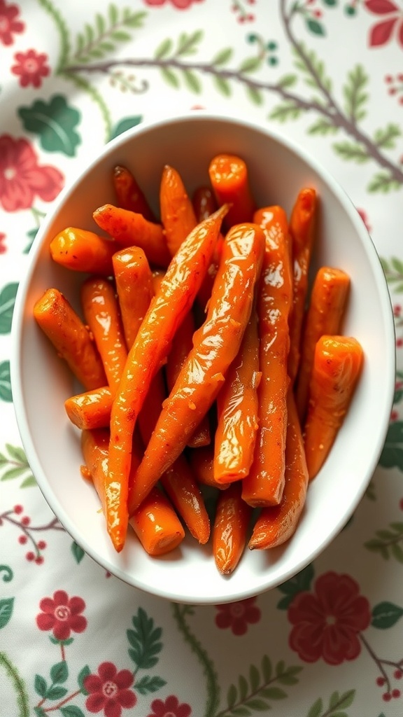 A bowl of honey glazed carrots on a festive tablecloth.