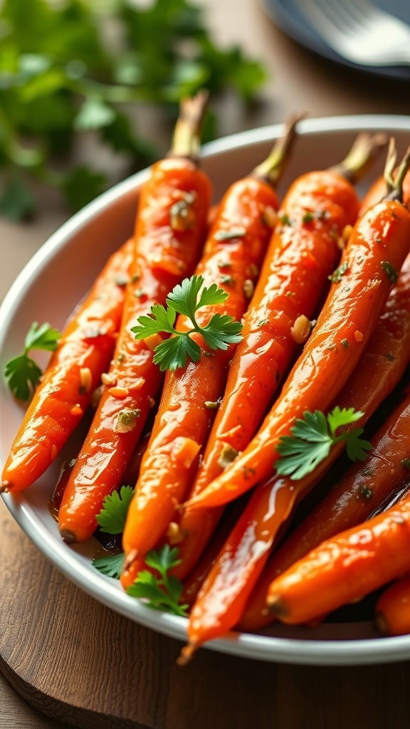 A bowl of honey glazed carrots garnished with fresh herbs.