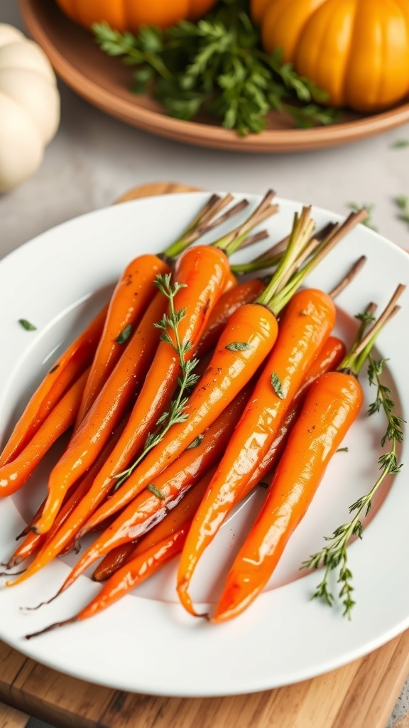 A plate of honey glazed carrots garnished with thyme, set against a backdrop of pumpkins.