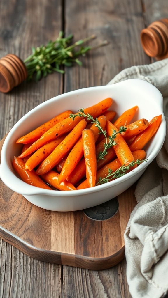 A bowl of honey glazed carrots garnished with thyme on a wooden table.