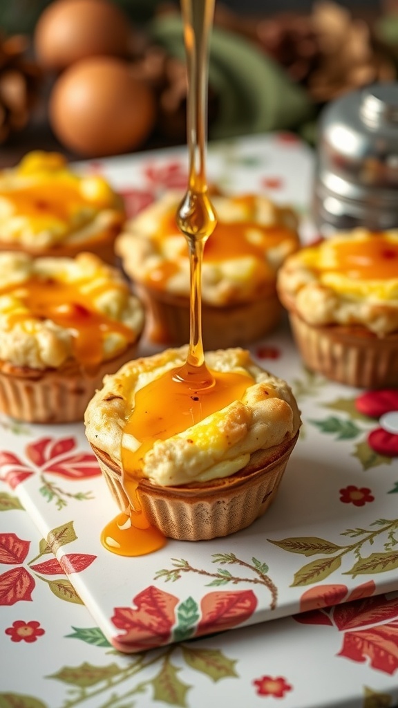 Honey glazed ham and egg muffins drizzled with honey on a festive plate