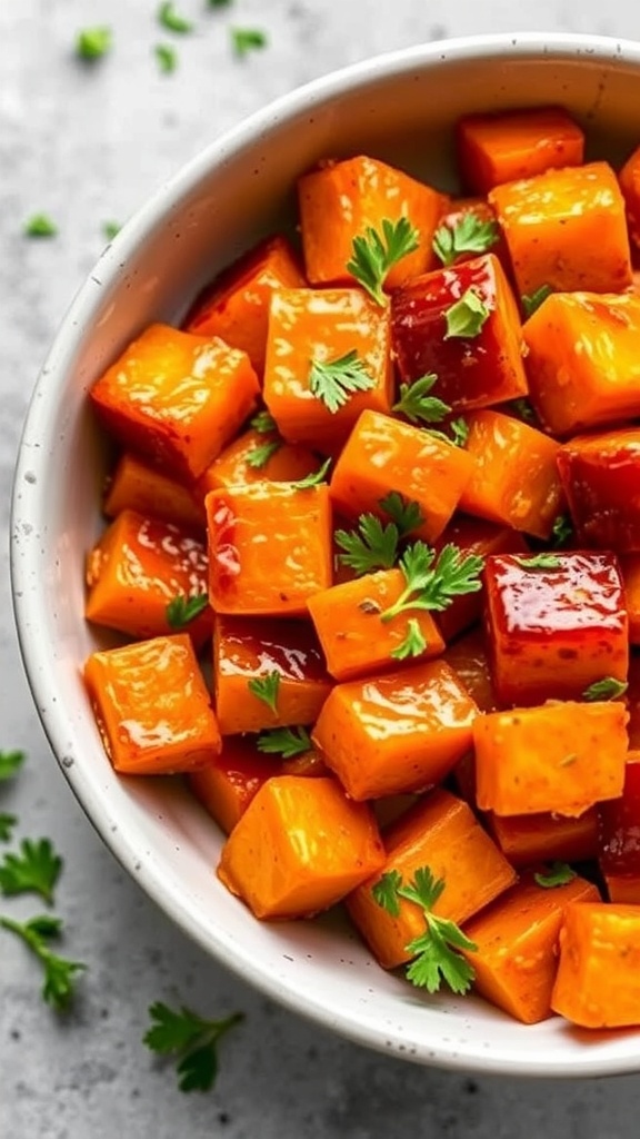 A bowl of honey glazed sweet potatoes garnished with parsley.