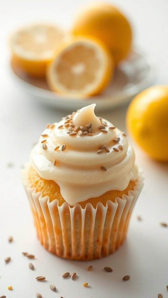 Honey Lemon Poppy Seed cupcake with cream cheese frosting and lemon slices in the background