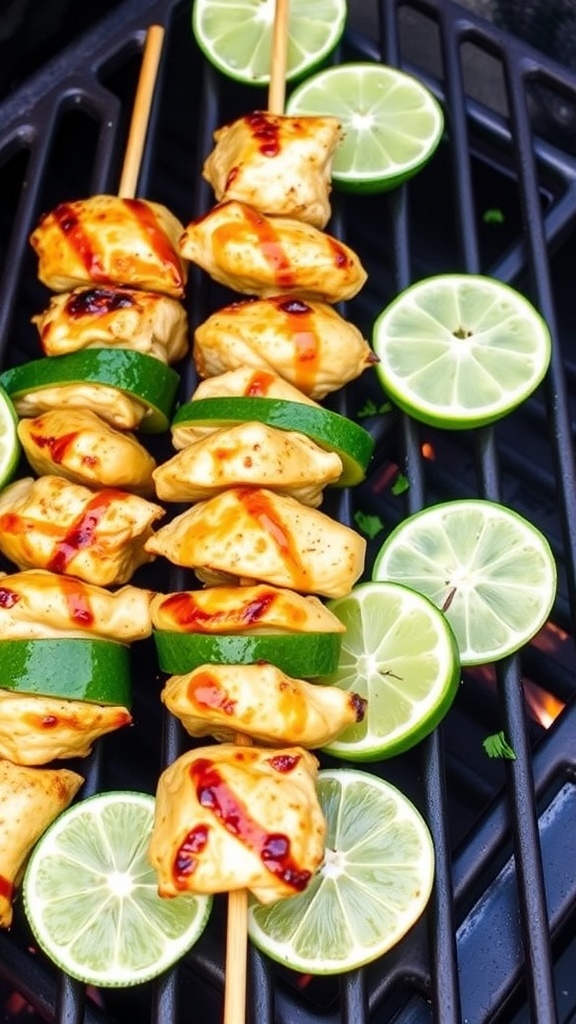Grilled honey lime chicken skewers with bell peppers and lime wedges