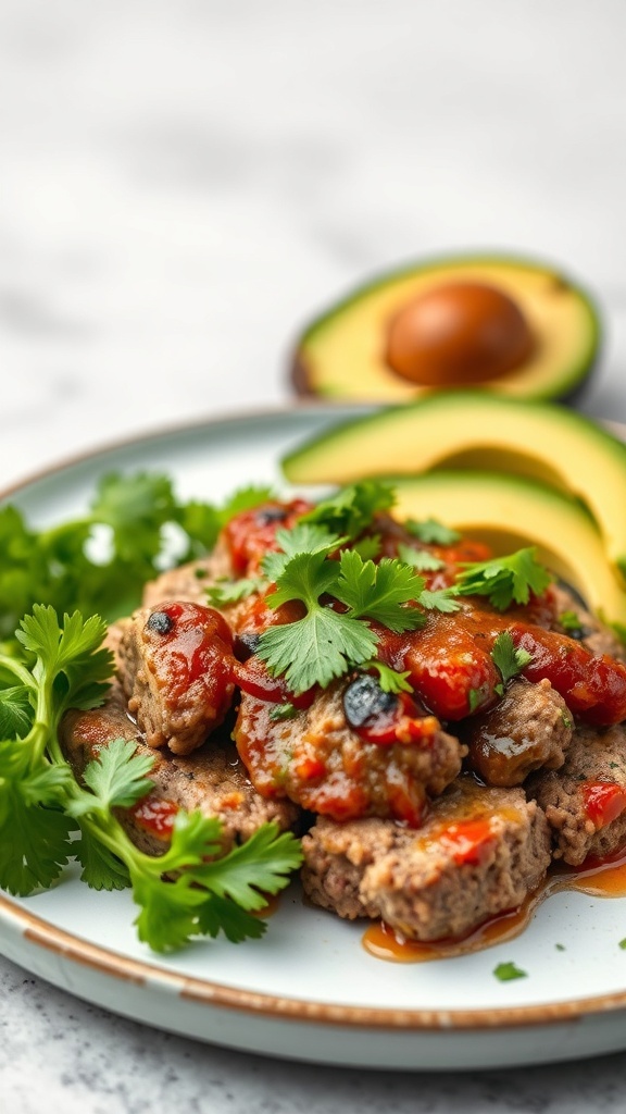 A plate of Honey Lime Cilantro Meatloaf garnished with fresh cilantro and served with avocado slices.