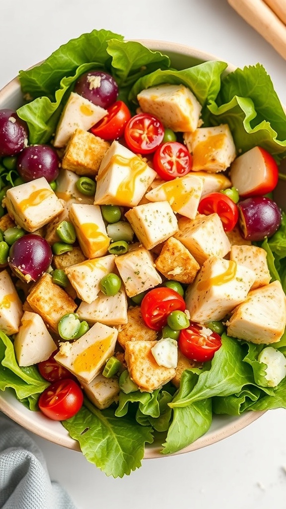 A bowl of Honey Mustard Chicken Salad with greens, chicken, cheese, and nuts.