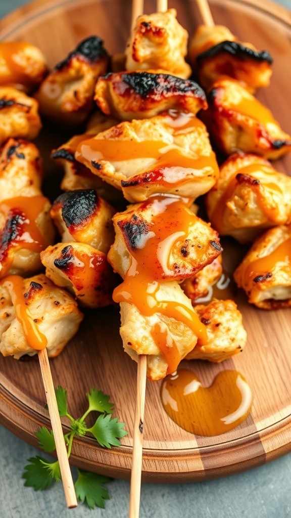 Honey mustard chicken skewers drizzled with sauce on a wooden platter