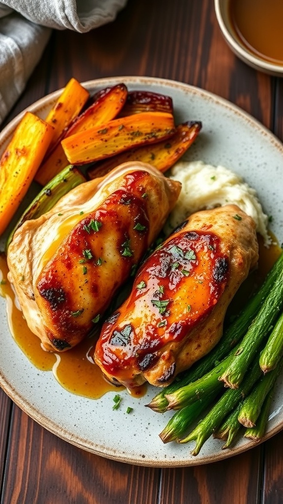Honey mustard chicken thighs served with roasted vegetables