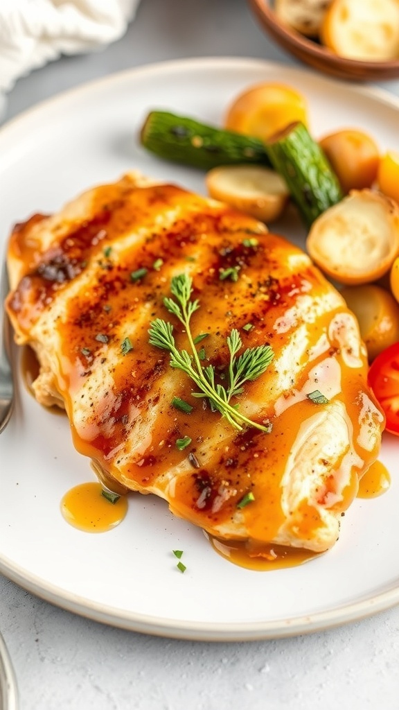 A plate of honey mustard glazed chicken breast served with colorful vegetables.