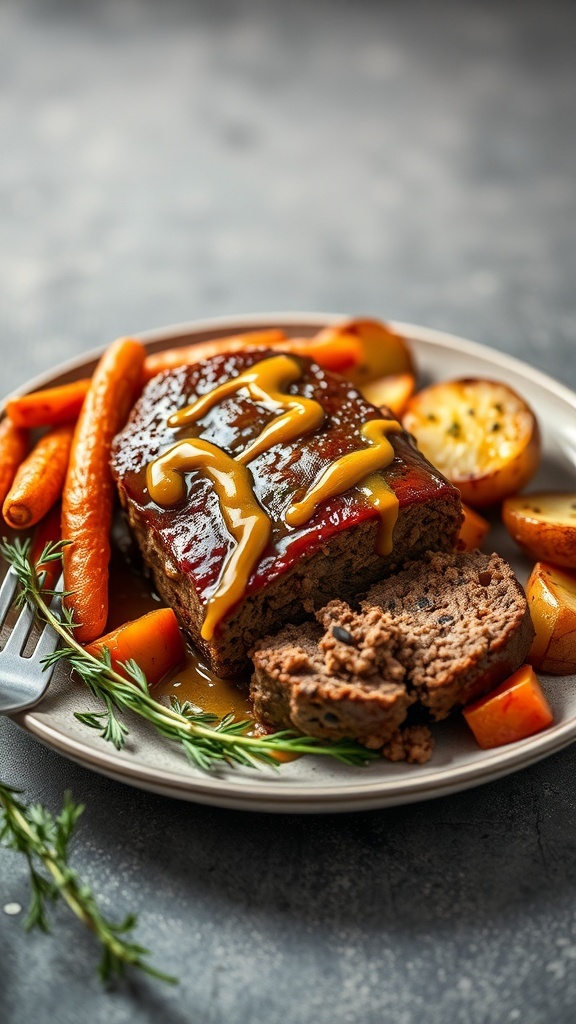 A plate of honey mustard glazed meatloaf served with carrots and roasted potatoes.