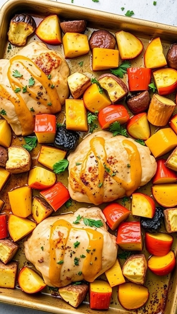 Honey mustard sheet pan chicken thighs with colorful vegetables