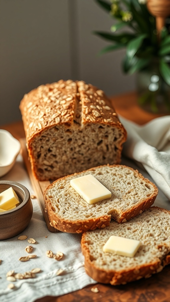A loaf of honey oat bread with slices and butter on a wooden board.