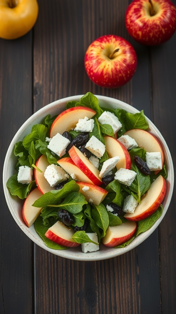 A bowl of Honeycrisp apple and feta salad with spinach and cranberries, surrounded by fresh apples.