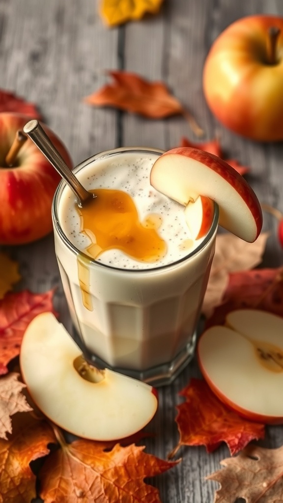 A Honeycrisp apple smoothie in a glass, garnished with apple slices and honey, surrounded by autumn leaves and apples.