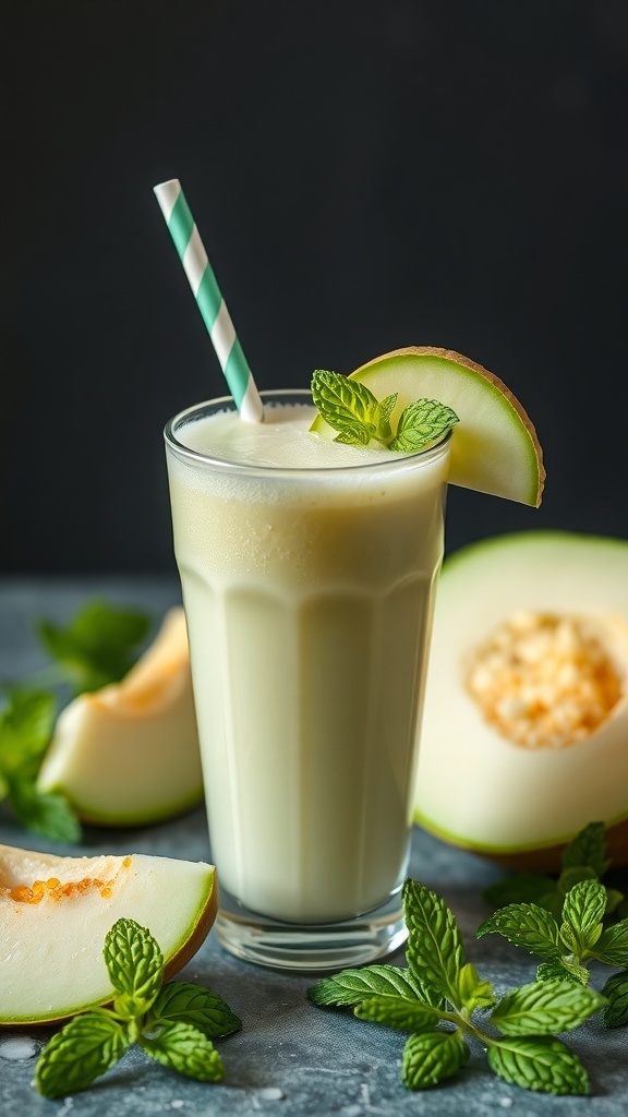 A refreshing honeydew melon smoothie in a glass with a green straw, garnished with a mint leaf and a slice of honeydew melon.