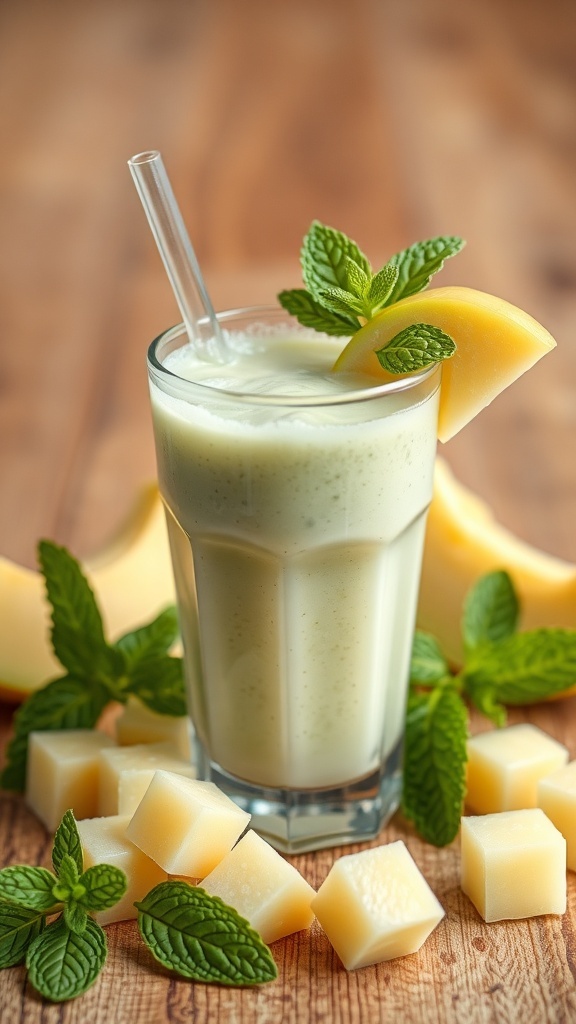 A refreshing honeydew mint smoothie in a glass, garnished with mint leaves and honeydew slices.
