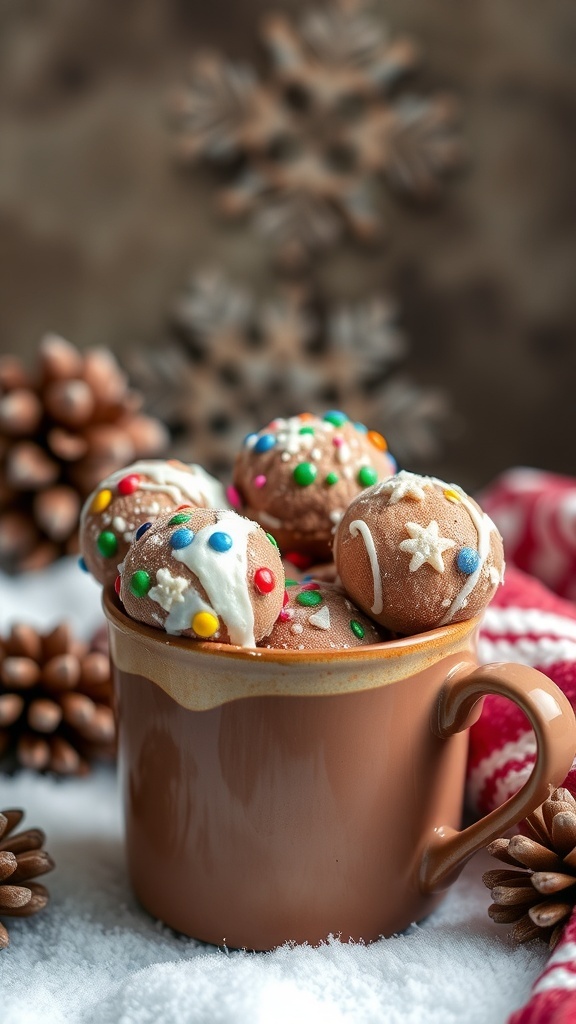 A cozy cup of hot cocoa topped with colorful cocoa bombs and pine cones in the background.