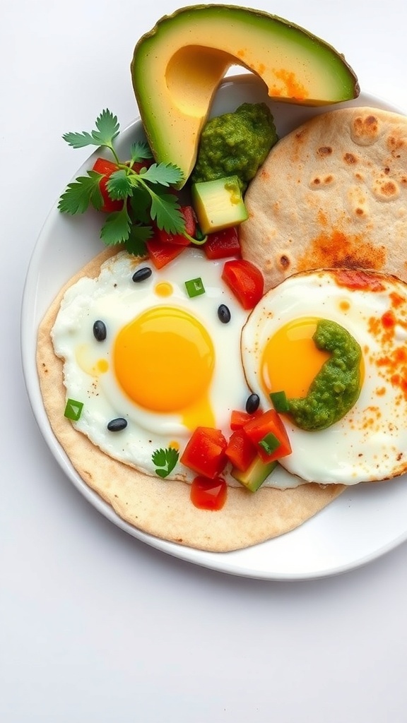 Huevos Rancheros with two sunny-side-up eggs on tortillas, topped with salsa verde, diced tomatoes, avocado, and cilantro.