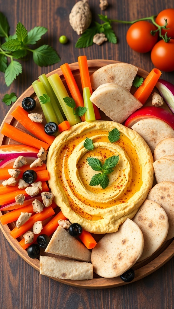 A colorful hummus and veggie platter featuring hummus, carrots, celery, bell peppers, and pita bread.