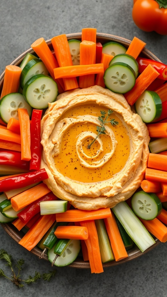 A platter of hummus surrounded by colorful veggie sticks including carrots, cucumbers, and bell peppers.