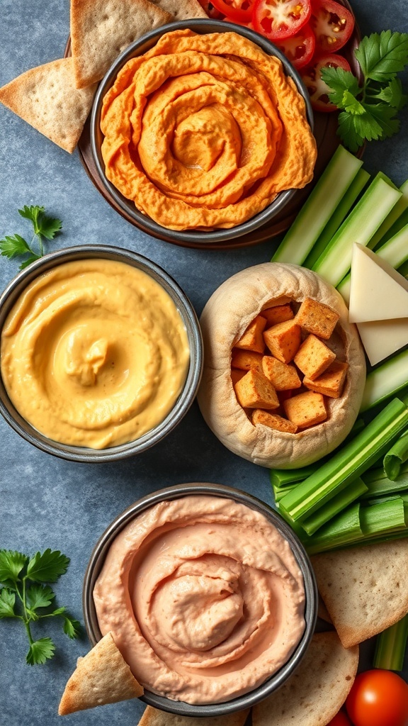 A trio of hummus flavors served with pita chips and fresh vegetables.