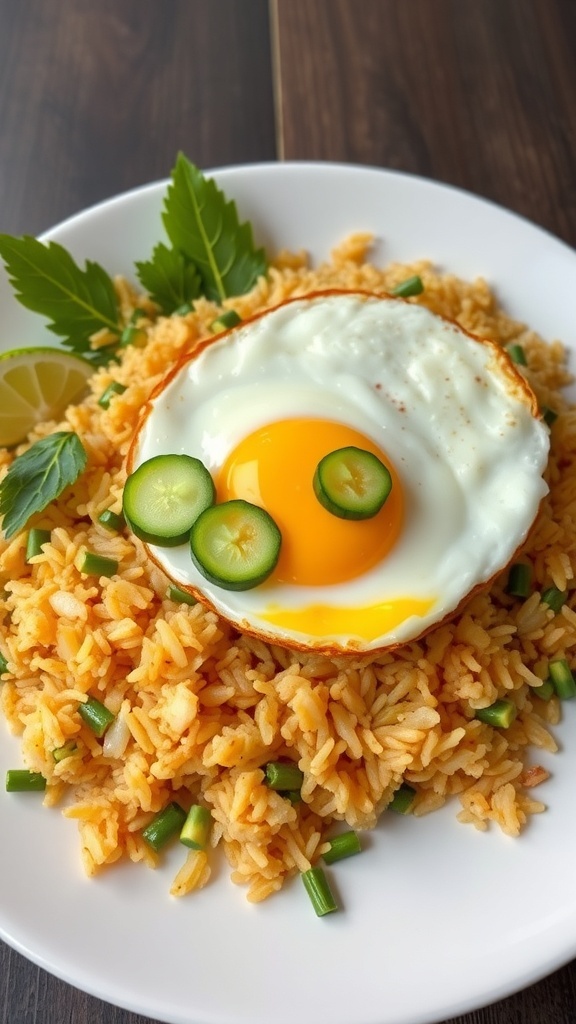 A plate of Indonesian Nasi Goreng topped with a fried egg and garnished with vegetables.