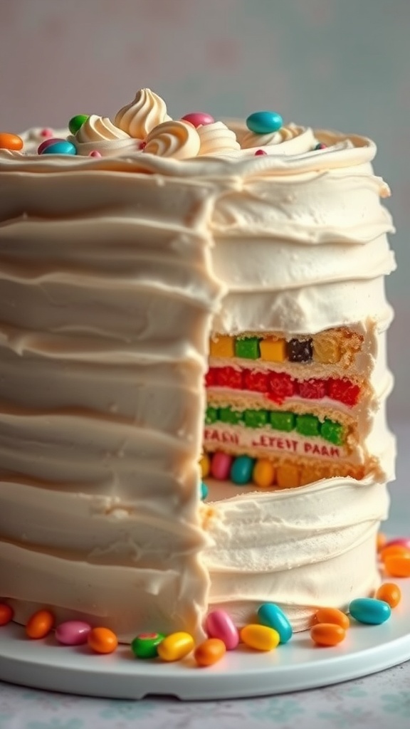 A colorful interactive cake with layers of candy and frosting.