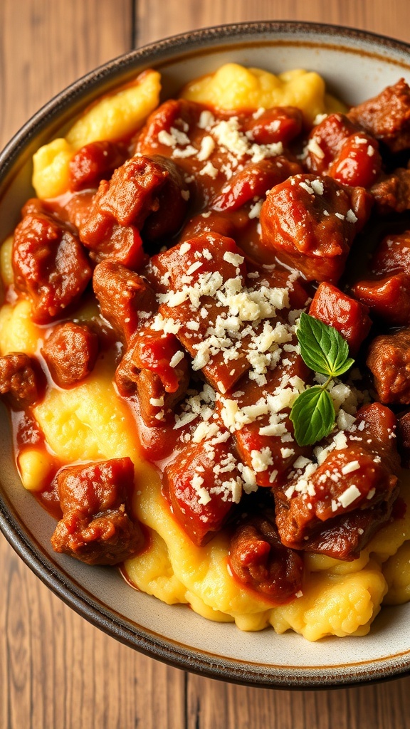 A plate of Italian Beef Ragu served over creamy polenta, garnished with herbs and cheese.