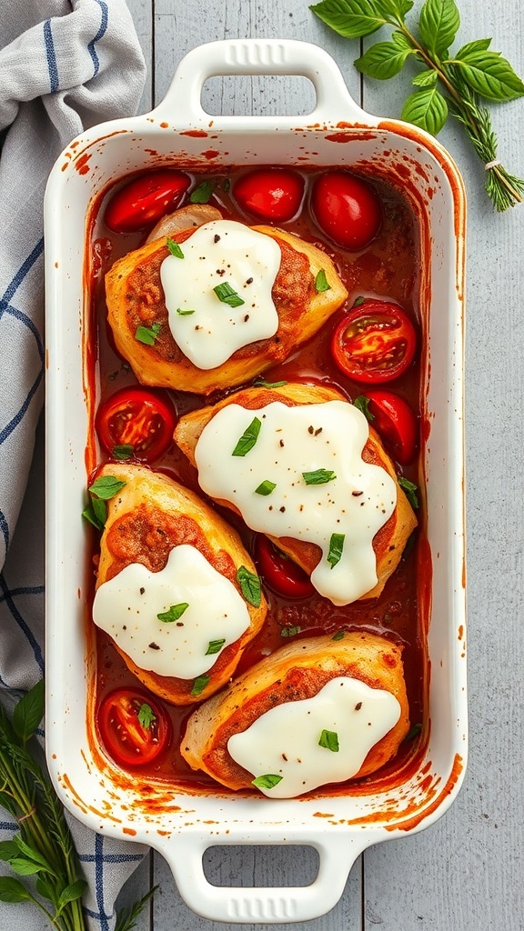 Baked chicken breasts topped with mozzarella cheese in a tomato sauce with cherry tomatoes.